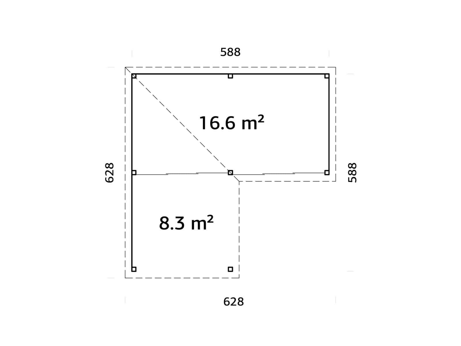 Lenna 24.9m2 Set 413/713 (5.88x5.88m) L-kujuline lamekatusega kahe lükandukse ja võreseinaga paviljon