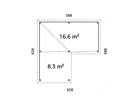 Lenna 24.9m2 Set 413/713 (5.88x5.88m) L-kujuline lamekatusega kahe lükandukse ja võreseinaga paviljon