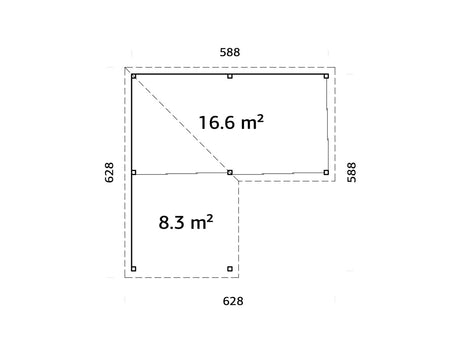 Lenna 24.9m2 Set 414/714 (5.88x5.88m) L-kujuline lamekatusega kolme lükandukse ja võreseinaga paviljon