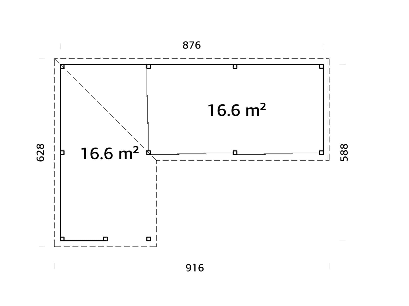 Lenna 33.2m2 Set 420/720 (8.76x5.88m) L-kujuline lamekatuse, kolme lükandukse ja väliköögi osaga paviljon