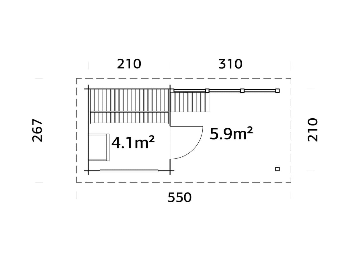 Sanna 4.1+5.9m2 (4.9x2.1m | 44mm) Kompaktne saunamajake varikatusega