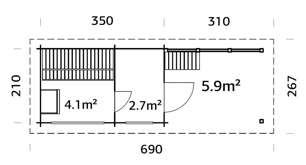 Sanna 6.8+5.9m2 (6.3x2.1m | 44mm) Modernne freesprussist saunamajake riietusruumi ja varikatusega