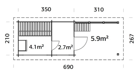 Sanna 6.8+5.9m2 (6.3x2.1m | 44mm) Modernne freesprussist saunamajake riietusruumi ja varikatusega