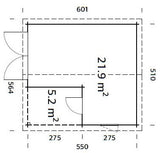 Roger 21.9+5.2m2 (5.1x5.5m | 44mm) Varjualusega freespruss-garaaž puidust uksega