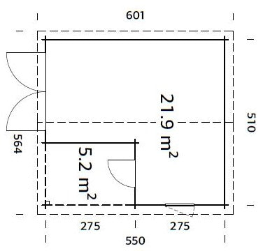 Roger 21.9+5.2m2 (5.1x5.5m | 44mm) Varjualusega freespruss-garaaž puidust uksega