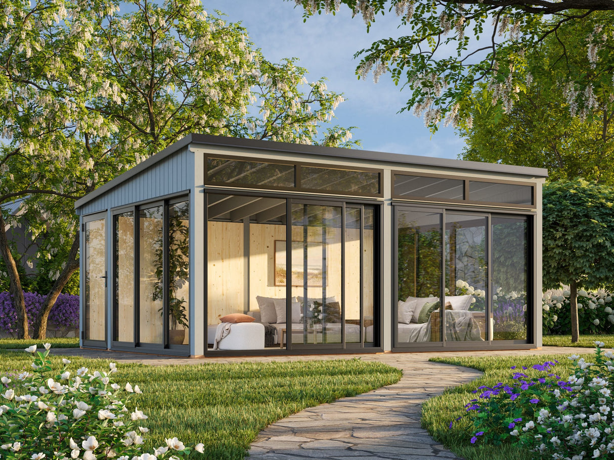 Saga 23,3 m² (5,8x4,2 m | 120x120 mm) Ruumikas ja modernne eraldiseisev klaasaed või suvetuba aeda