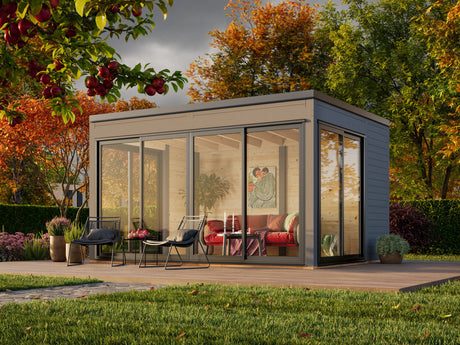 Serena 2 (4,2x3,2 m | 12,6 m² | 44 mm) Modernne klaaspaviljon aeda – alumiiniumuksed ja -aknad (ühekordne või topeltklaas)
