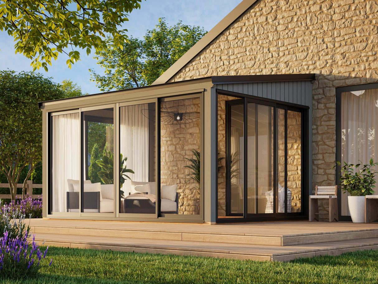 Lumi 11,6 m² (4,2x3 m | 120x120 mm) Seinale kinnituv klaaspaviljon aia laienduseks