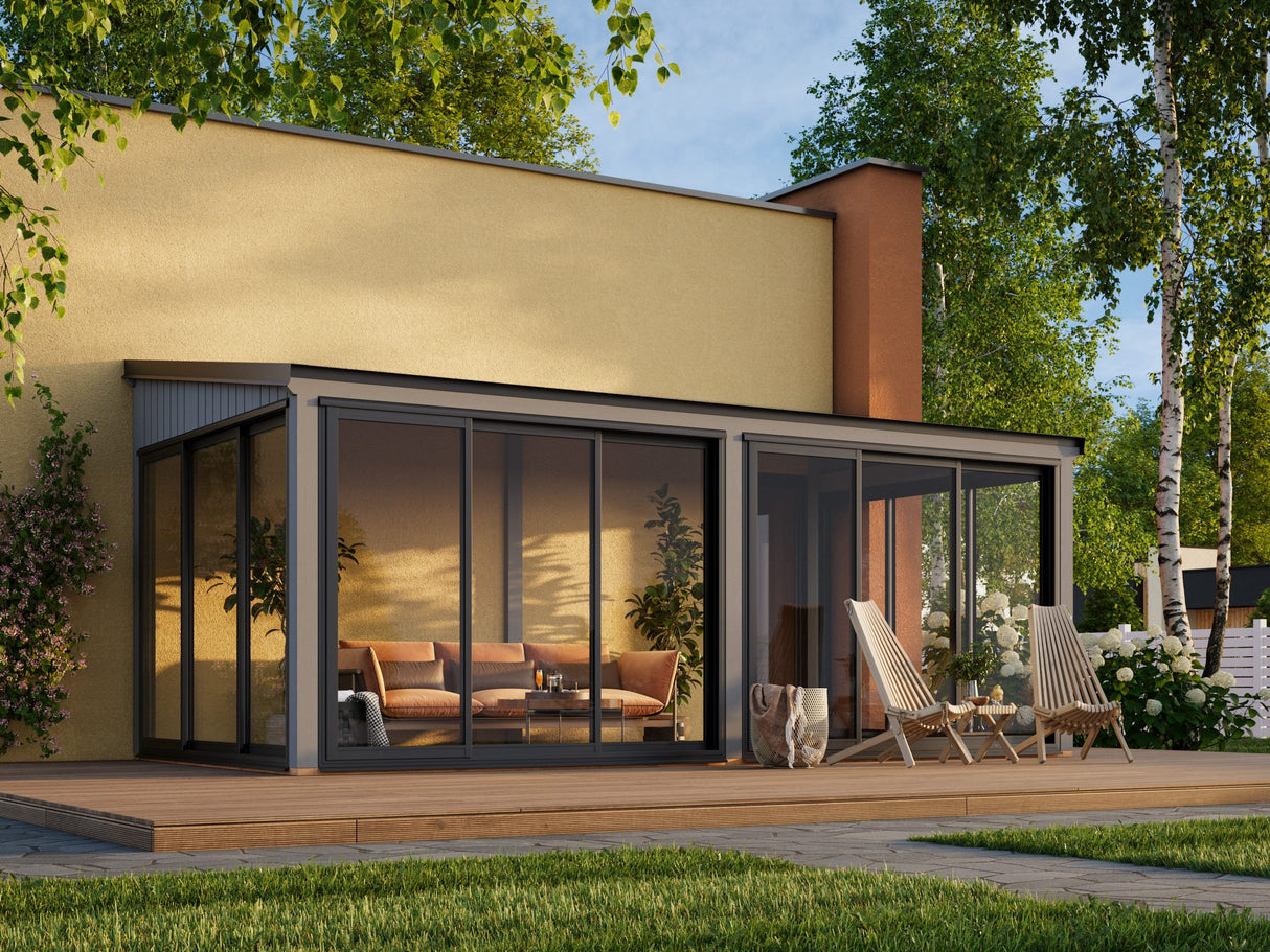 Lumi 16,2 m² (5,8x3 m | 120x120 mm) Modernne seinale kinnituv klaaspaviljon aeda