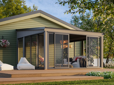 Lumi 16,6 m² (4,2x4,2 m | 120x120 mm) Seinale kinnituv puidust ja klaasist paviljon aeda