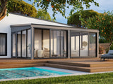Lumi 23,3 m² (5,8x4,2 m | 120x120 mm) Ruumikas seinale kinnituv klaaspaviljon või suvetuba aeda