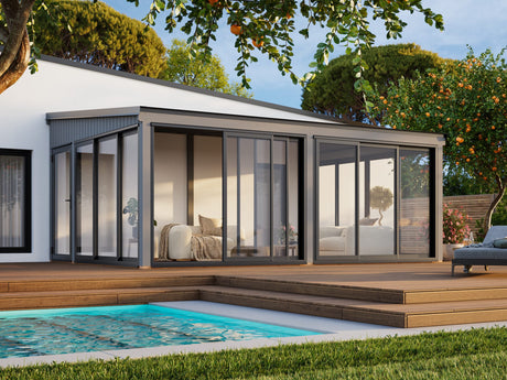 Lumi 23,3 m² (5,8x4,2 m | 120x120 mm) Ruumikas seinale kinnituv klaaspaviljon või suvetuba aeda