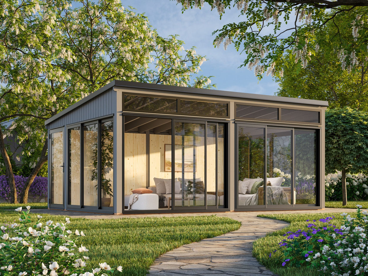 Saga 23,3 m² (5,8x4,2 m | 120x120 mm) Ruumikas ja modernne eraldiseisev klaasaed või suvetuba aeda