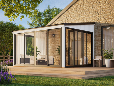 Lumi 11,6 m² (4,2x3 m | 120x120 mm) Seinale kinnituv klaaspaviljon aia laienduseks