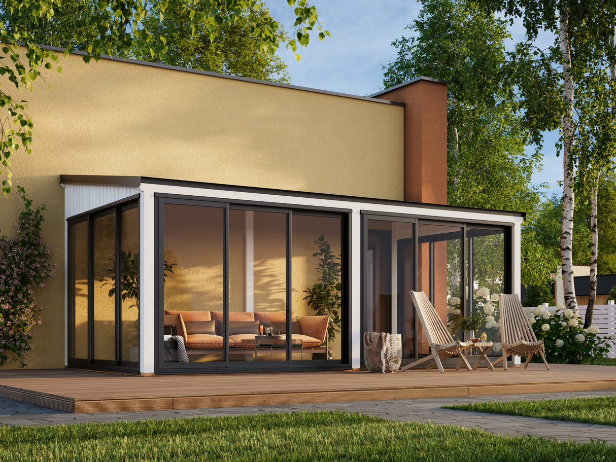 Lumi 16,2 m² (5,8x3 m | 120x120 mm) Modernne seinale kinnituv klaaspaviljon aeda