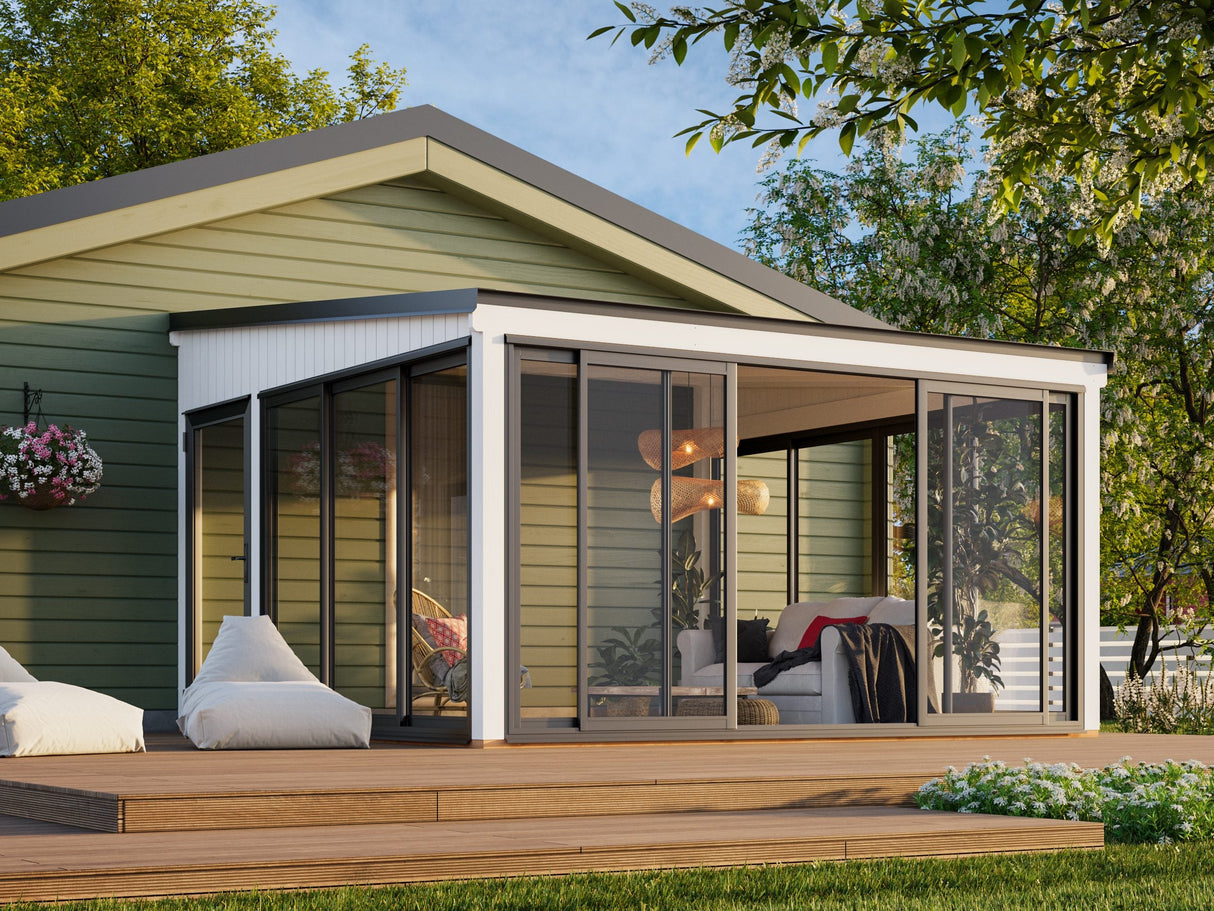 Lumi 16,6 m² (4,2x4,2 m | 120x120 mm) Seinale kinnituv puidust ja klaasist paviljon aeda
