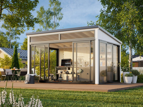 Saga 11,6 m² (4,2x3 m | 120x120 mm) Kompaktne eraldiseisev klaasaed või suvetuba aeda