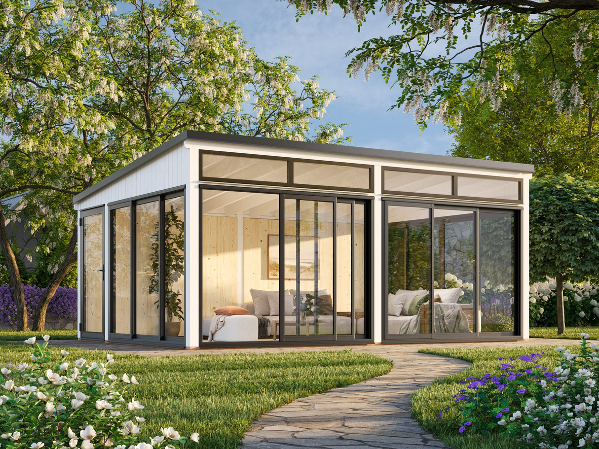 Saga 23,3 m² (5,8x4,2 m | 120x120 mm) Ruumikas ja modernne eraldiseisev klaasaed või suvetuba aeda