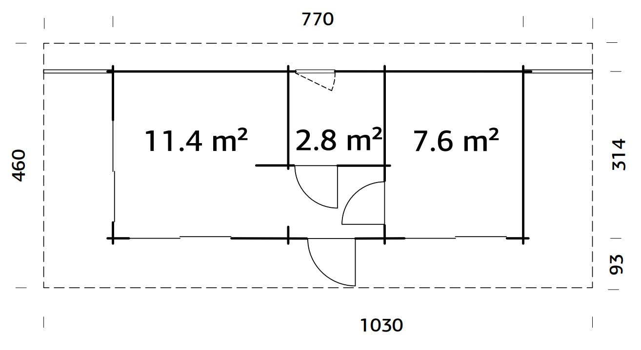 Cecilia 21.8m2 (7.6x3.14m | 70mm) Kolmeruumiline suvemaja alumiiniumakende ja -ustega