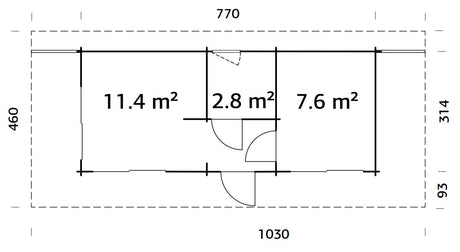 Cecilia 21.8m2 (7.6x3.14m | 70mm) Kolmeruumiline suvemaja alumiiniumakende ja -ustega