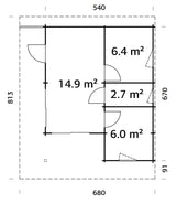 Cecilia 30m2 (5.4x6.7m | 70mm) Neljaruumiline suvemaja alumiiniumakende ja -ustega