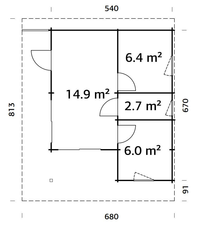 Cecilia 30m2 (5.4x6.7m | 70mm) Neljaruumiline suvemaja alumiiniumakende ja -ustega