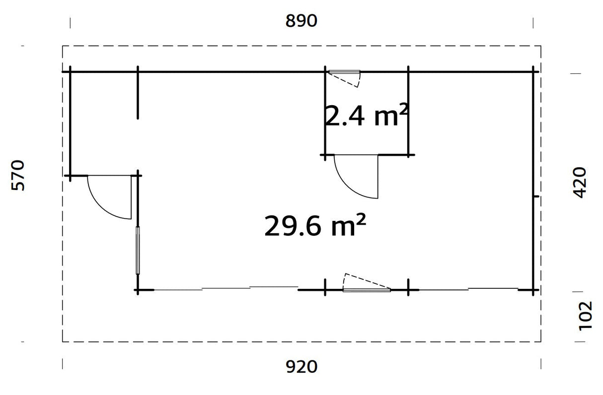 Cecilia 32m2 (8.9x4.2m | 70mm) Kolmeruumiline suvemaja alumiiniumakende ja -ustega
