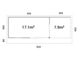 Andrea 17.1+7.9m2 (8.98x3m | 44mm) Lükanduste ja modernse nurgalahendusega aiamaja varikatusega