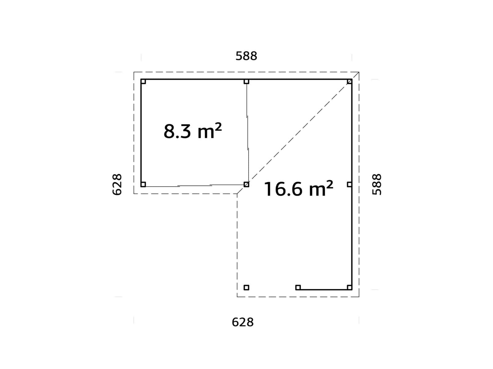 Lenna 24.9m2 Set 409/709 (5.88x5.88m) L-kujuline lamekatusega kahe lükanduksega paviljon väliköögi osaga