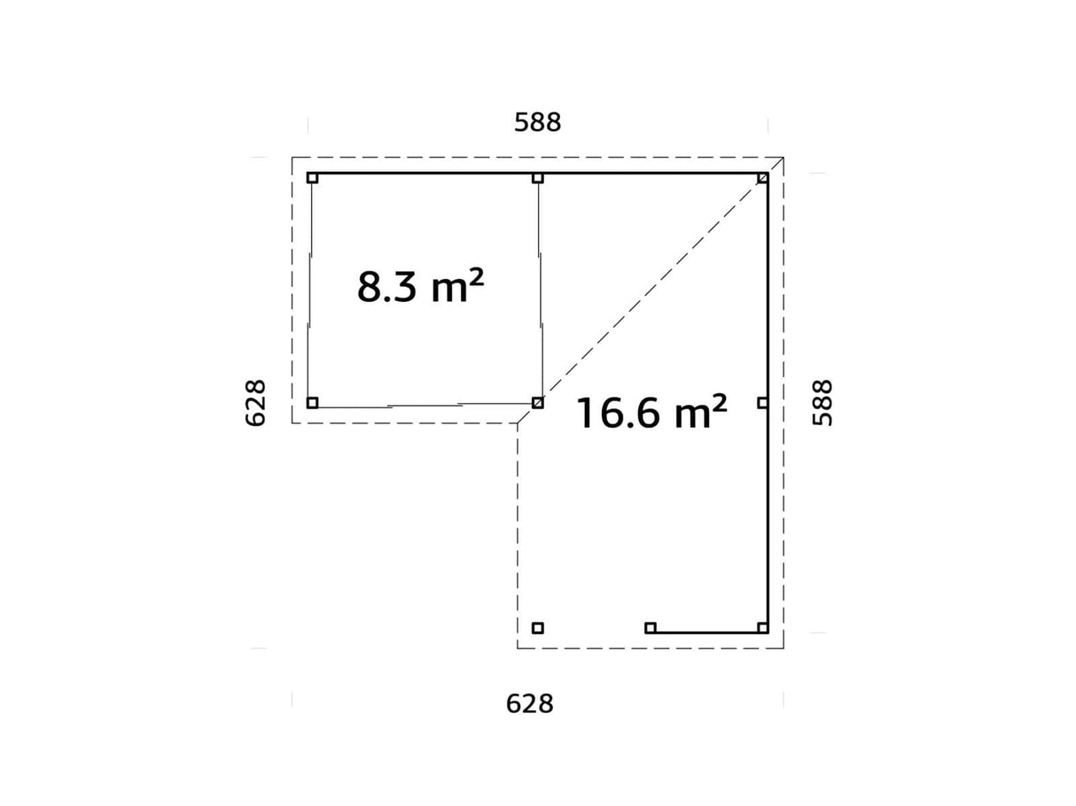 Lenna 24.9m2 Set 410/710 (5.88x5.88m) L-kujuline lamekatusega kolme lükanduksega paviljon väliköögi osaga