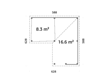 Lenna 24.9m2 Set 410/710 (5.88x5.88m) L-kujuline lamekatusega kolme lükanduksega paviljon väliköögi osaga