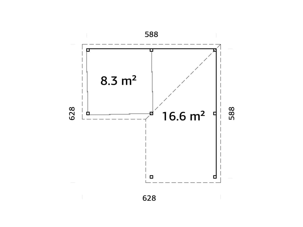 Lenna 24.9m2 Set 412/712 (5.88x5.88m) L-kujuline lamekatusega lükanduste ja varikatusega paviljon