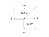 Lenna 24.9m2 Set 414/714 (5.88x5.88m) L-kujuline lamekatusega kolme lükandukse ja võreseinaga paviljon