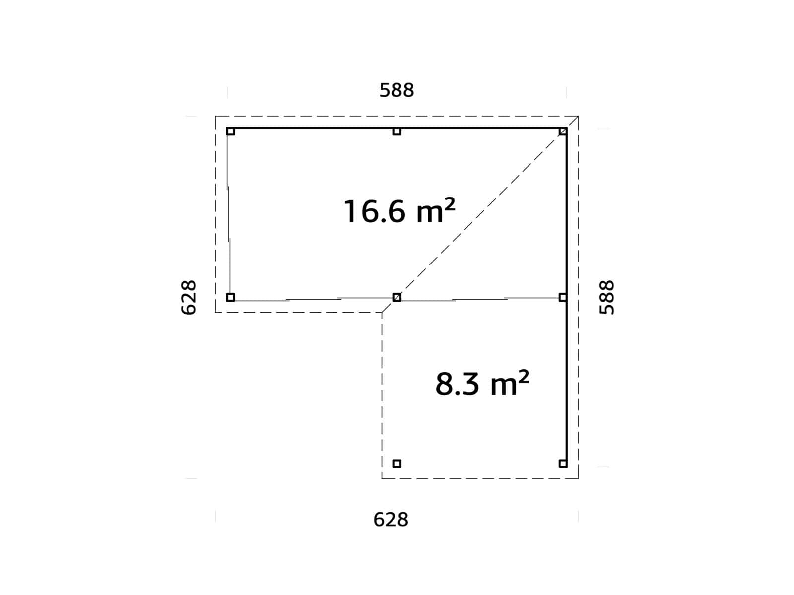 Lenna 24.9m2 Set 414/714 (5.88x5.88m) L-kujuline lamekatusega kolme lükandukse ja võreseinaga paviljon