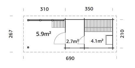 Sanna 6.8+5.9m2 (6.3x2.1m | 44mm) Modernne freesprussist saunamajake riietusruumi ja varikatusega