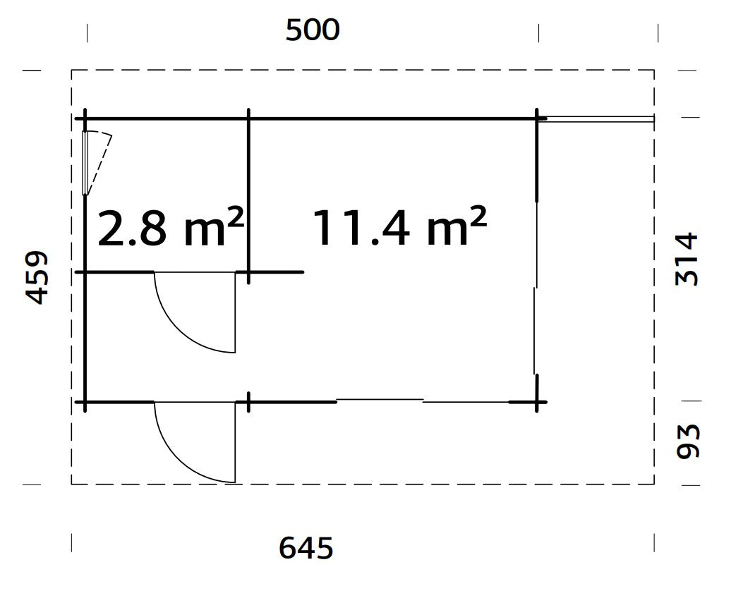 Cecilia 14.2m2 (5x3.14m | 70mm) Kaheruumiline suvemaja alumiiniumakende ja -ustega