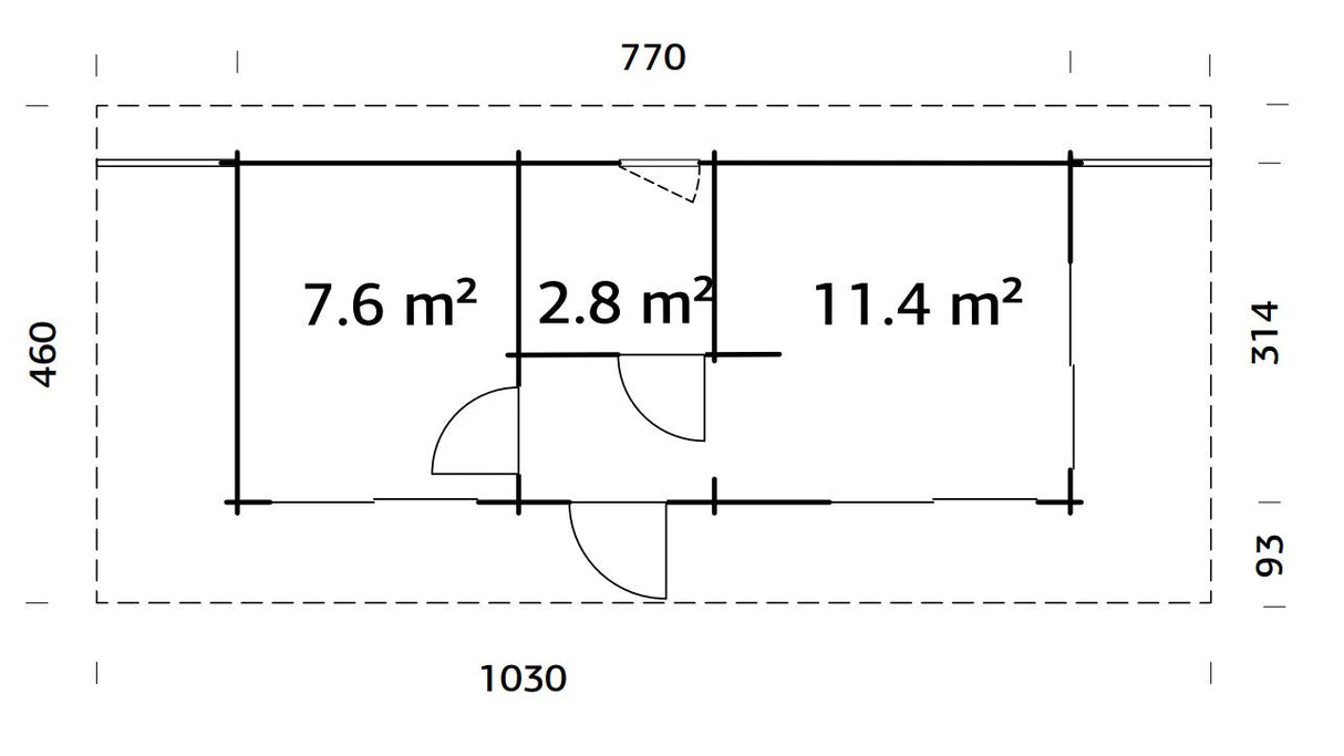 Cecilia 21.8m2 (7.6x3.14m | 70mm) Kolmeruumiline suvemaja alumiiniumakende ja -ustega