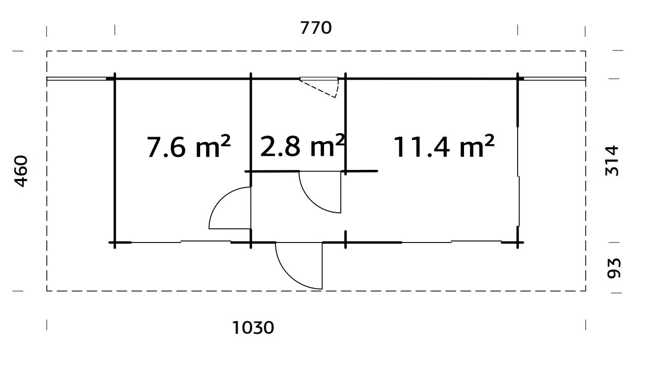 Cecilia 21.8m2 (7.6x3.14m | 70mm) Kolmeruumiline suvemaja alumiiniumakende ja -ustega