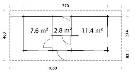 Cecilia 21.8m2 (7.6x3.14m | 70mm) Kolmeruumiline suvemaja alumiiniumakende ja -ustega