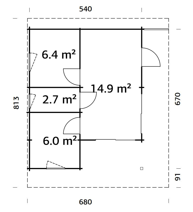 Cecilia 30m2 (5.4x6.7m | 70mm) Neljaruumiline suvemaja alumiiniumakende ja -ustega