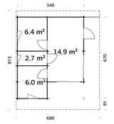 Cecilia 30m2 (5.4x6.7m | 70mm) Neljaruumiline suvemaja alumiiniumakende ja -ustega