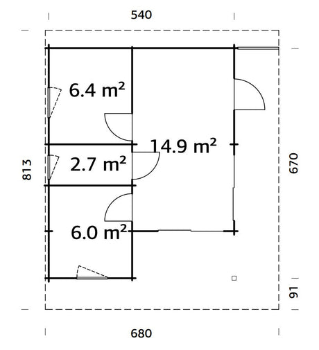 Cecilia 30m2 (5.4x6.7m | 70mm) Neljaruumiline suvemaja alumiiniumakende ja -ustega