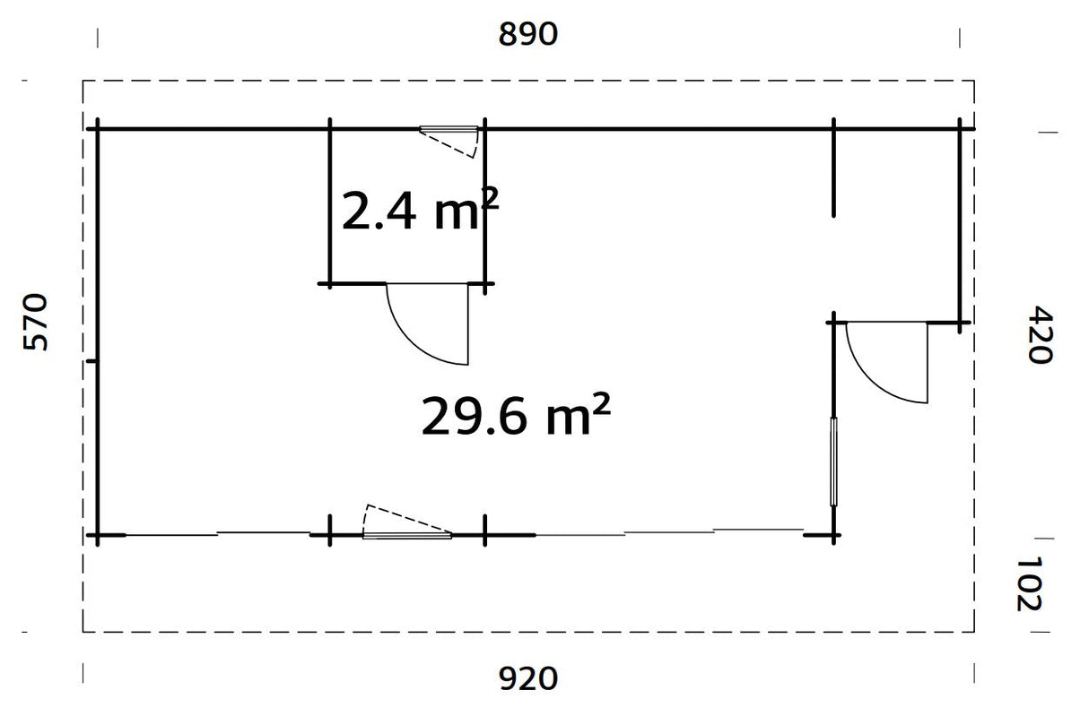 Cecilia 32m2 (8.9x4.2m | 70mm) Kolmeruumiline suvemaja alumiiniumakende ja -ustega