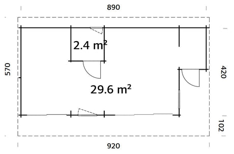 Cecilia 32m2 (8.9x4.2m | 70mm) Kolmeruumiline suvemaja alumiiniumakende ja -ustega