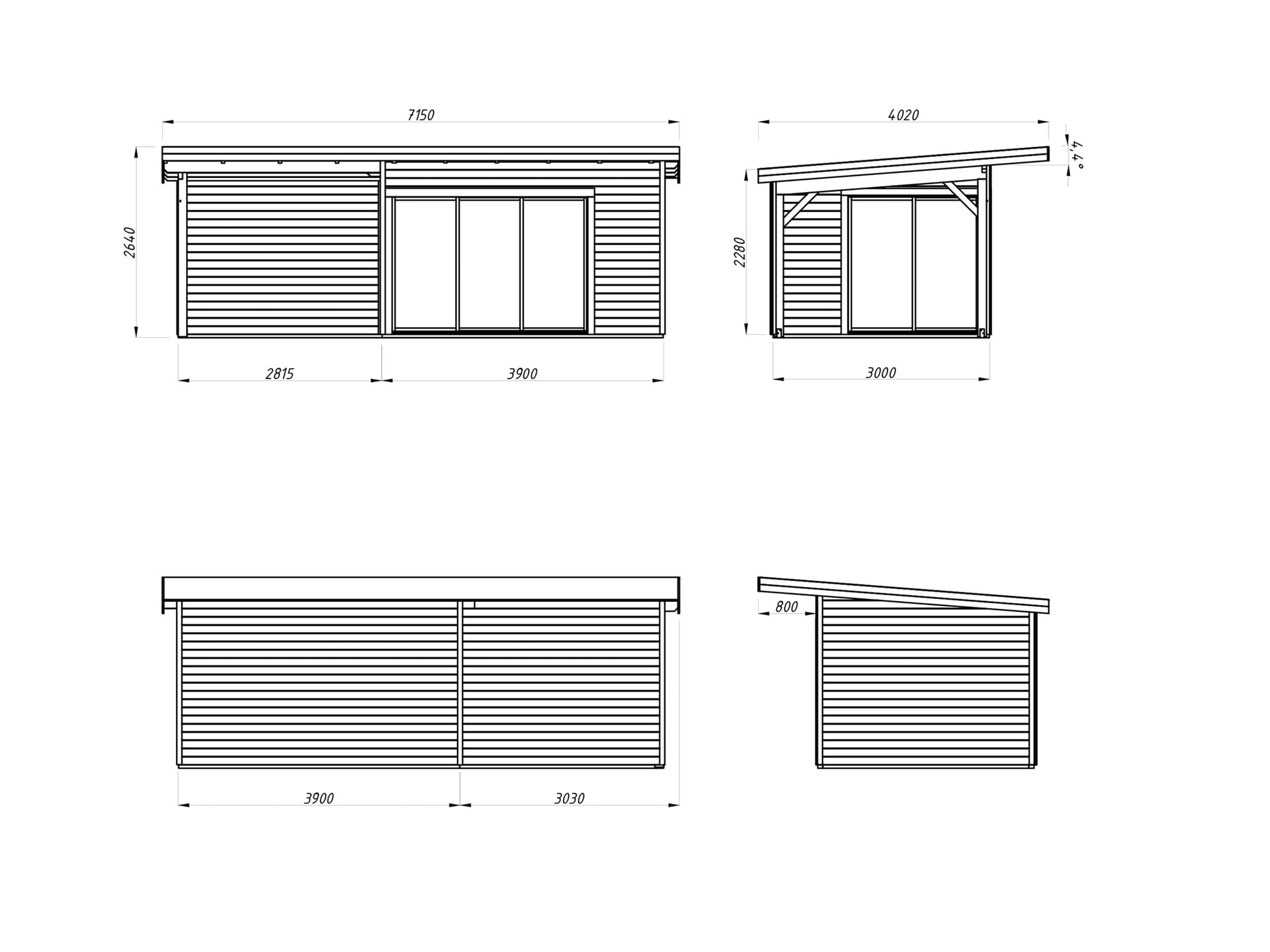 Andrea 11.2+7.9m2 (6.93x3m | 44mm) Lükanduste ja modernse nurgalahendusega aiamaja varikatusega