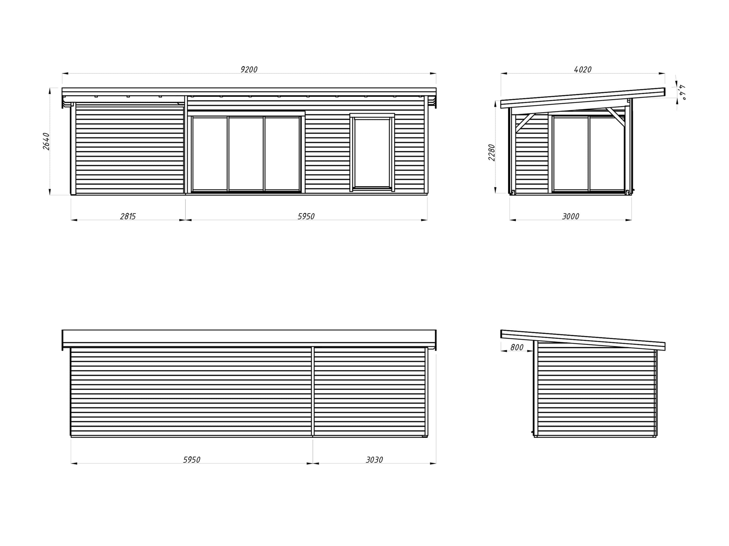 Andrea 17.1+7.9m2 (8.98x3m | 44mm) Lükanduste ja modernse nurgalahendusega aiamaja varikatusega
