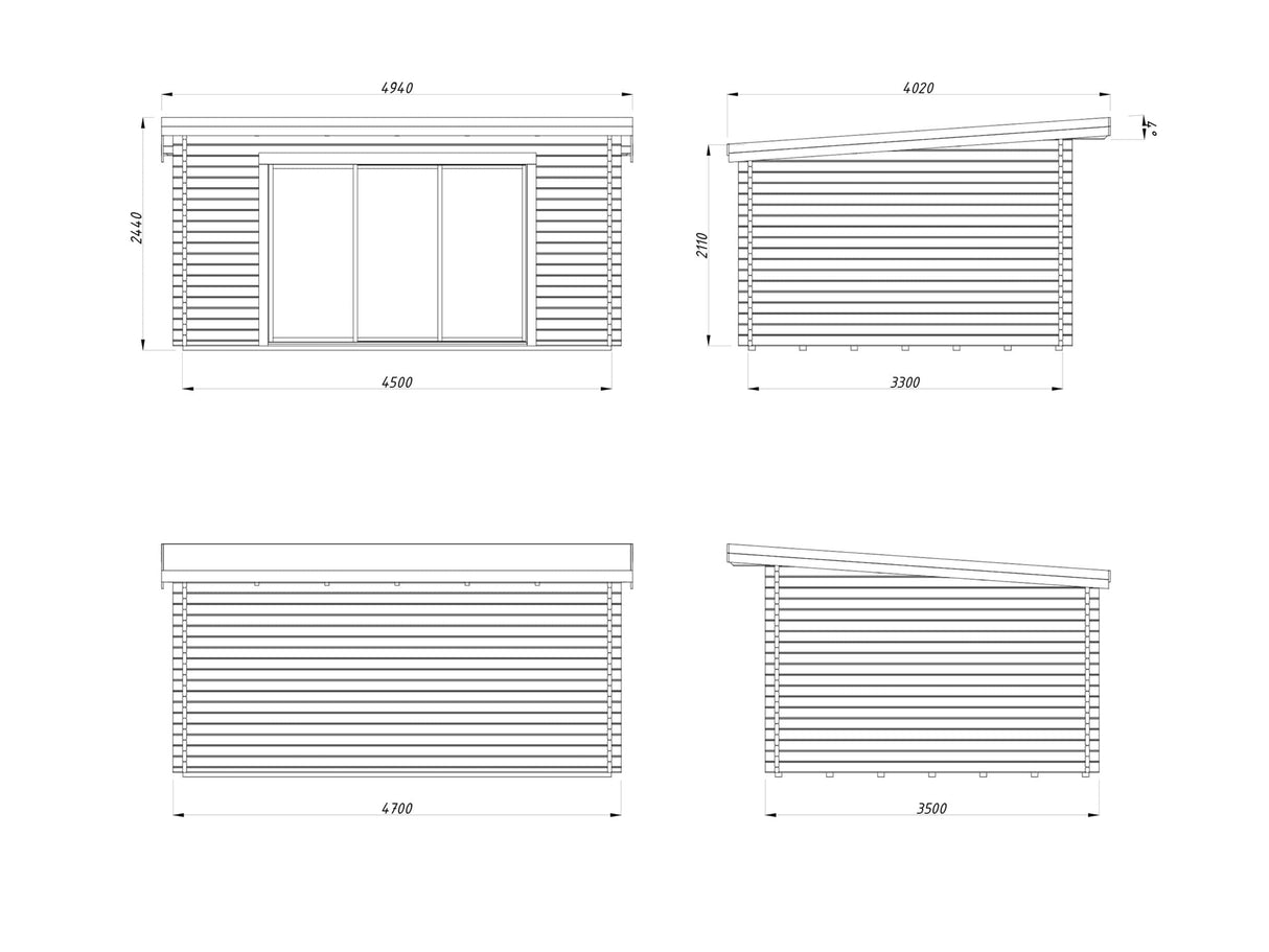 Lea 14.2m2 (4.5x3.3m | 44mm) Kaldkatusega freespruss-aiamaja lükandustega