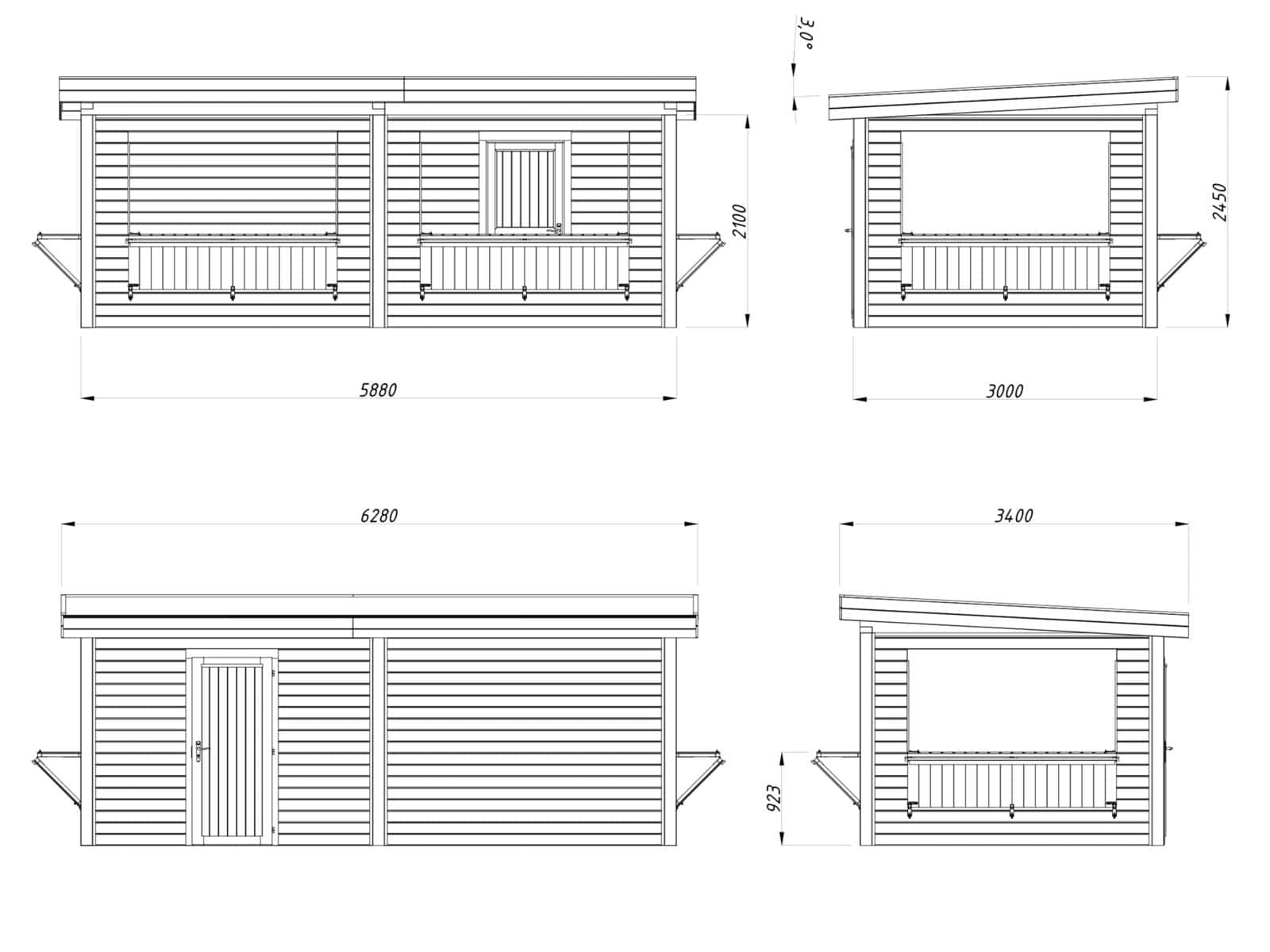 Lenna 16.6m2 Set 312 (5.88x3m) Lamekatuse ja nelja luugiga kiosk
