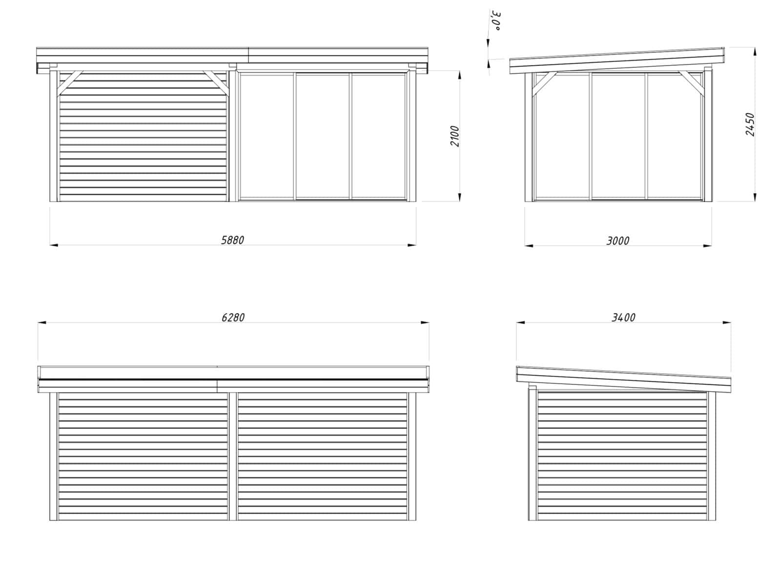 Lenna 16.6m2  Set 405/705 (5.88x3m) Kahe lükandukse ja varikatusega paviljon