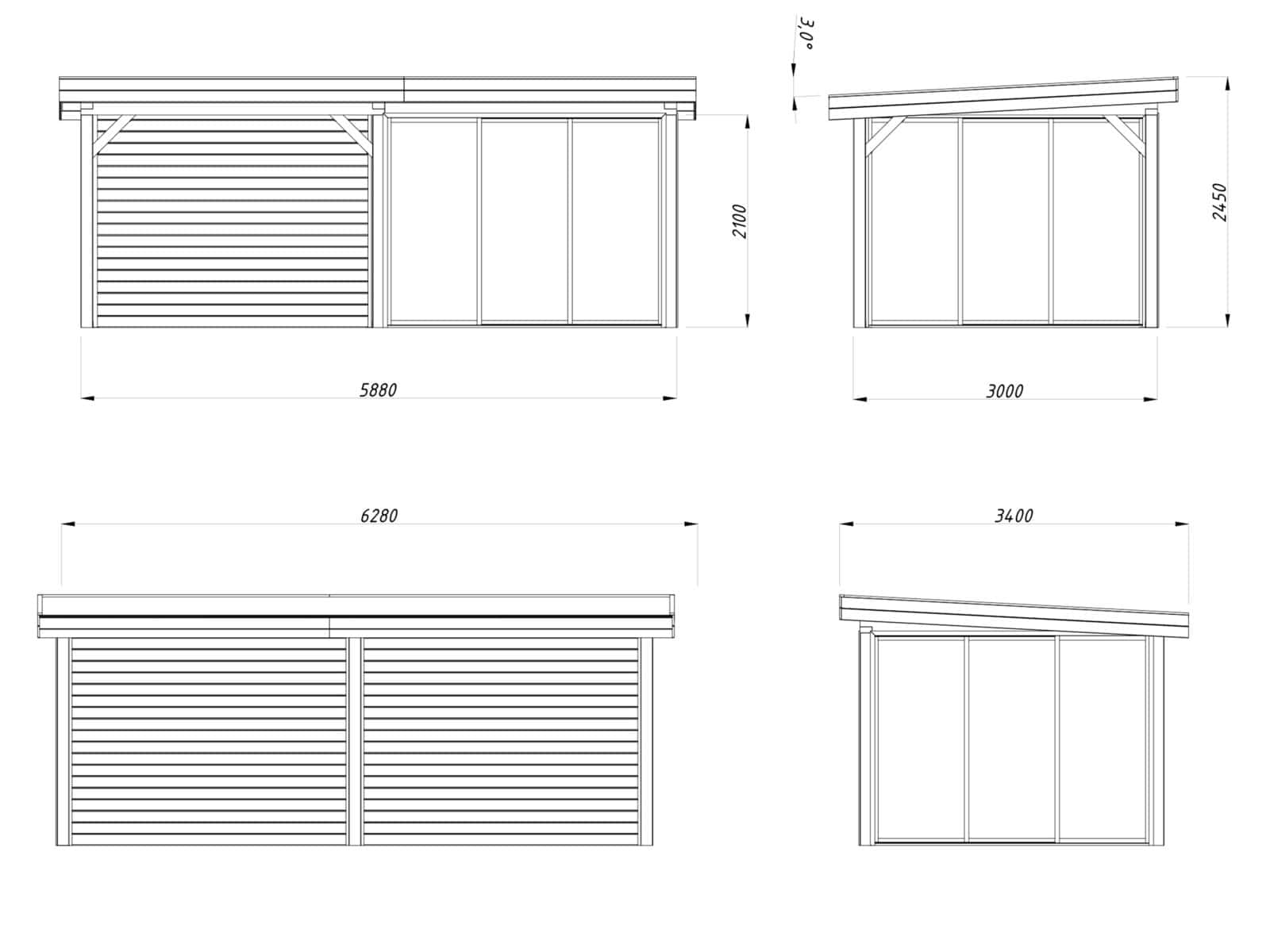 Lenna 16.6m2  Set 406/706 (5.88x3m) Kolme lükandukse ja varikatusega paviljon